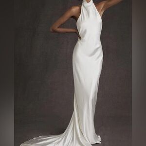 Elegant White Backless Halter Satin Gown